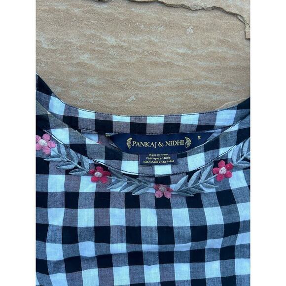 $148 Anthropologie Pankaj Nidhi Gingham Embroidered Top Size Small - Picture 3 of 4